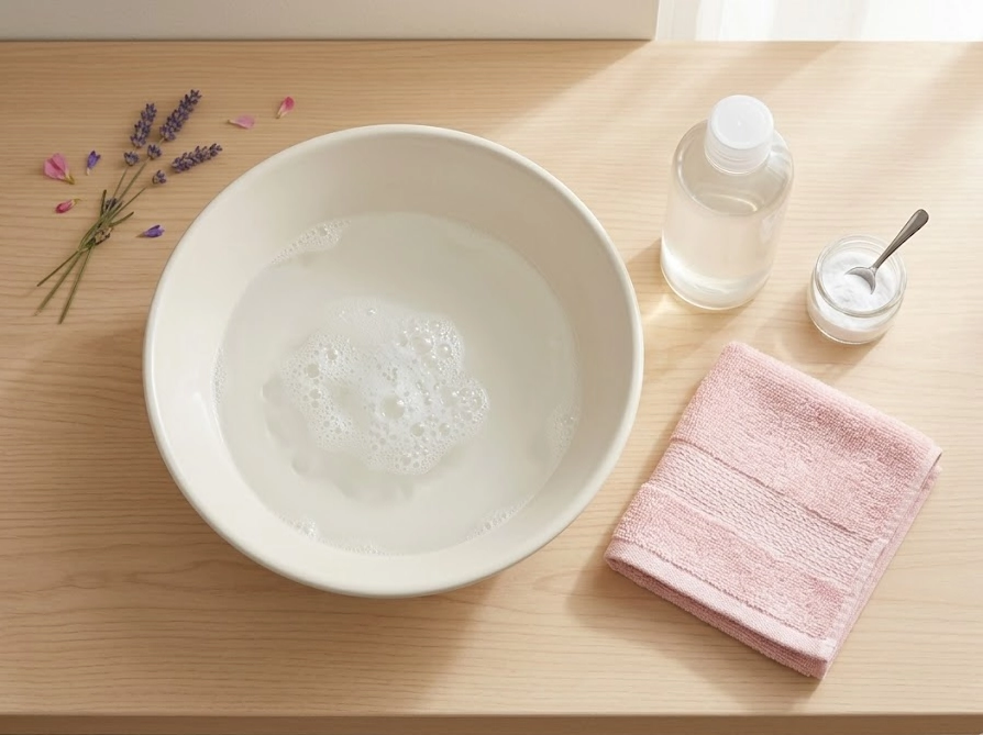 下着の手洗いに必要な洗面器やセスキ炭酸ソーダなどのケアグッズを並べた俯瞰写真