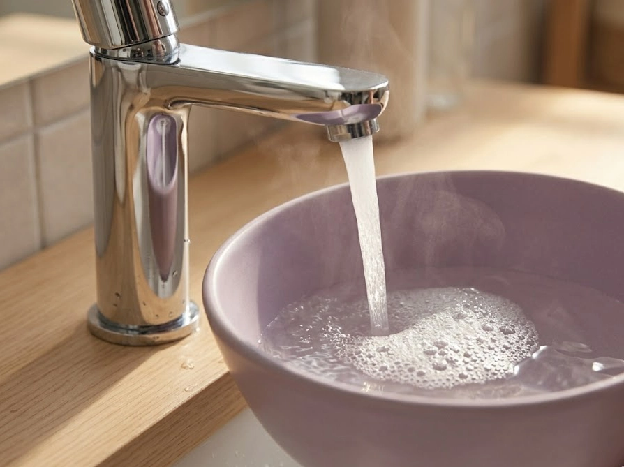 洗面器にぬるま湯を注いでいる様子のリアルな撮影風写真