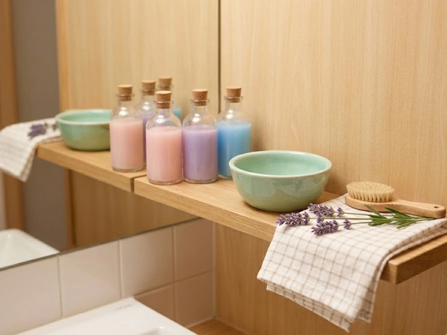 洗面所の棚に並ぶおしゃれなランジェリー用専用洗剤ボトルの写真