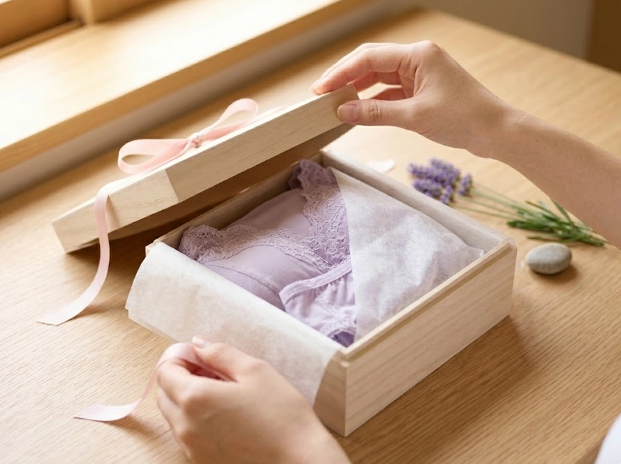 新しいランジェリーが入ったギフトボックスを開ける手元の写真