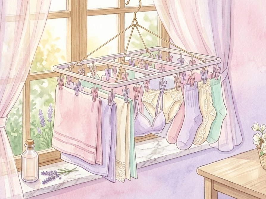 タオルで目隠ししながら下着を干す角型ハンガーの隠し干しイラスト