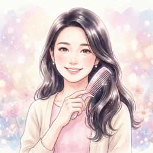 清潔なくしを持って微笑む女性のイラスト｜くしの洗い方で美髪をキープ