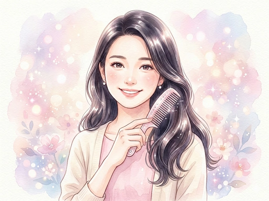 清潔なくしを持って微笑む女性のイラスト|くしの洗い方で美髪をキープ