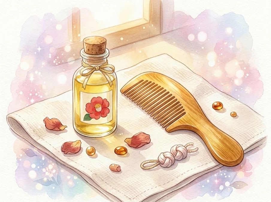 つげ櫛と椿油のイラスト|木製くしのオイルケア方法