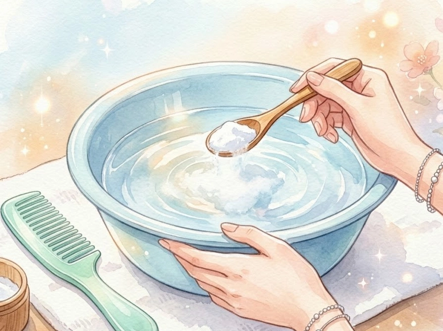 重曹をぬるま湯に溶かしてくしを浸け置き洗いする準備のイラスト