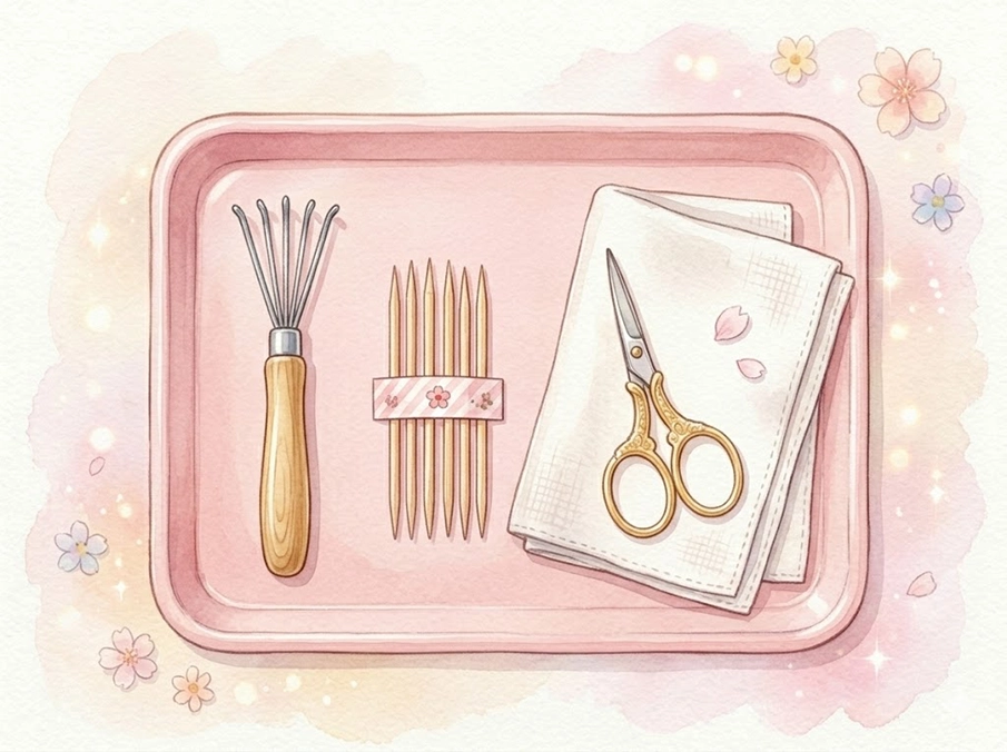 くし掃除に使うミニクリーナーや爪楊枝などの道具を並べたイラスト