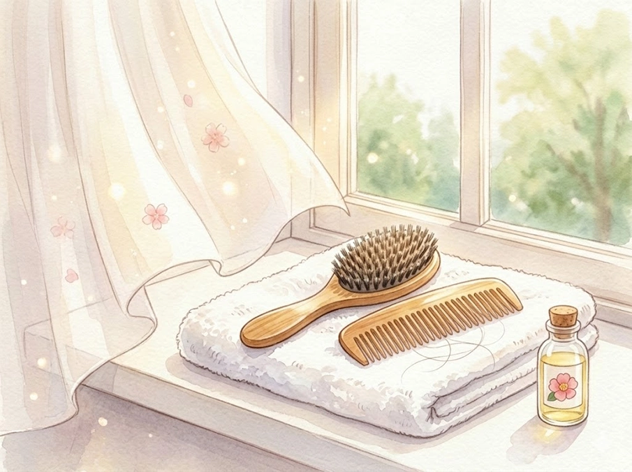 洗浄後のくしを窓辺で陰干ししているイラスト|正しい乾かし方