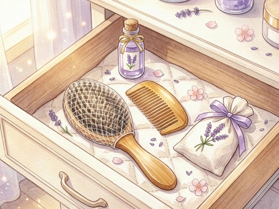 掃除ネットを被せたブラシを引き出しに収納しているイラスト|日頃のメンテナンス習慣