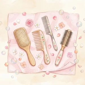 清潔なくしやコームがパステルカラーの布の上に並ぶ水彩調イラスト