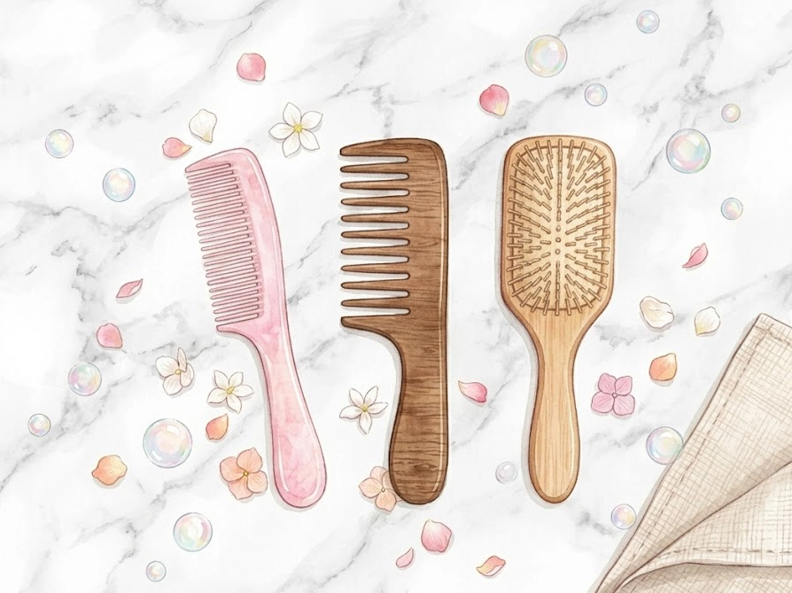 プラスチック製コーム・木製くし・獣毛ブラシが並ぶ素材別ヘアケアアイテムのイラスト