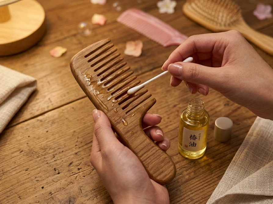 つげ櫛に椿油を綿棒で塗ってお手入れしている手元の写真