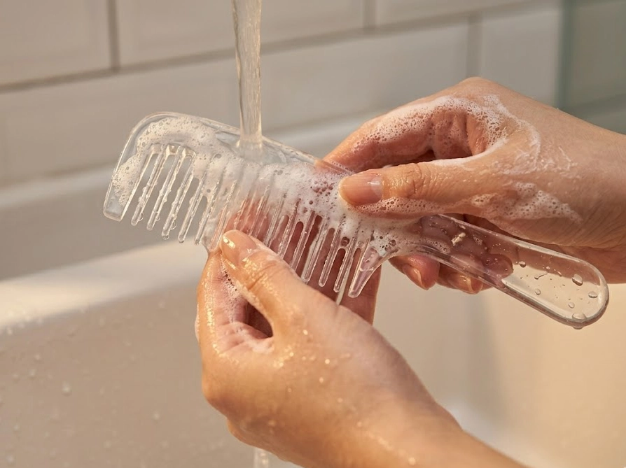 シャンプーの泡でプラスチック製コームを手洗いしている様子