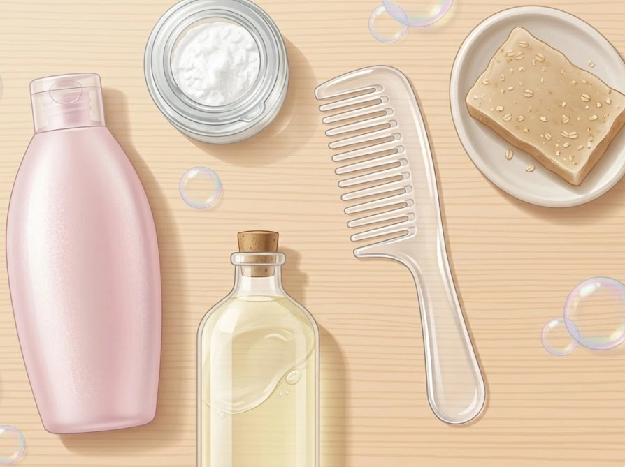くしの洗浄に使えるシャンプー・重曹・中性洗剤・石鹸が並ぶイラスト