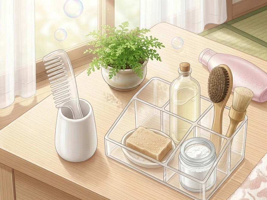 風通しの良い部屋でコームやブラシが清潔に収納されているイラスト