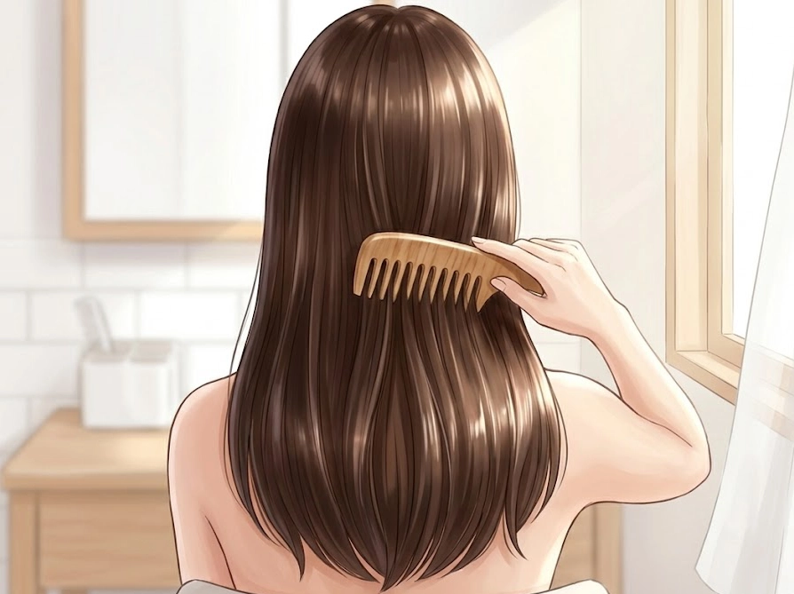 清潔なコームで美しい髪をブラッシングする女性の後ろ姿イラスト