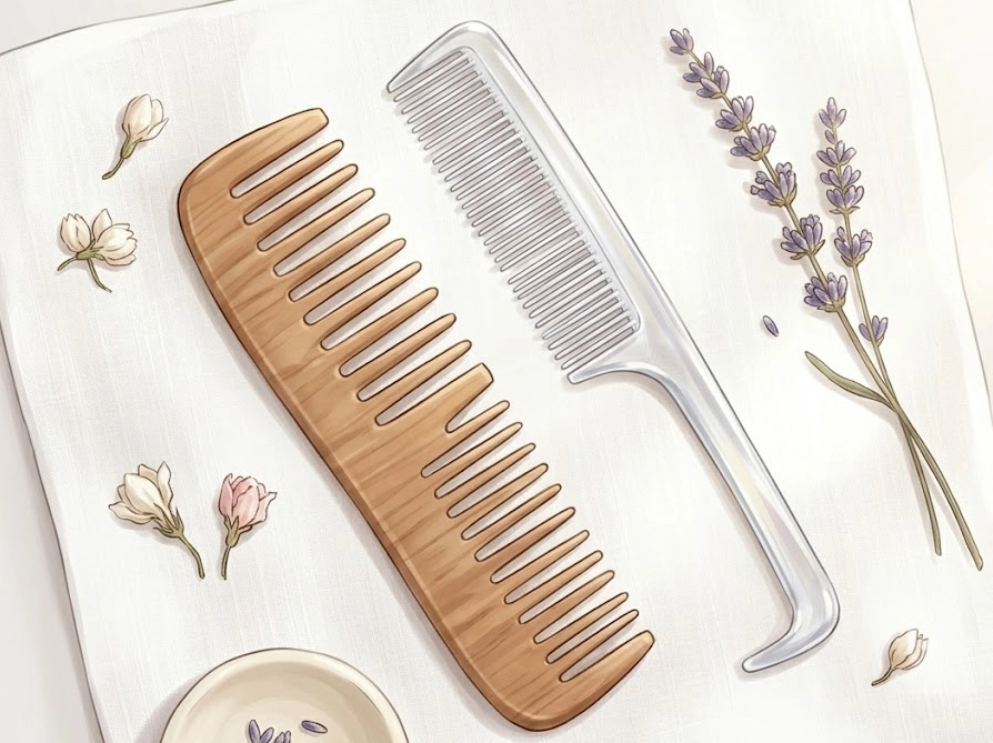 清潔に手入れされたくしとコームがドライフラワーと並ぶまとめイラスト