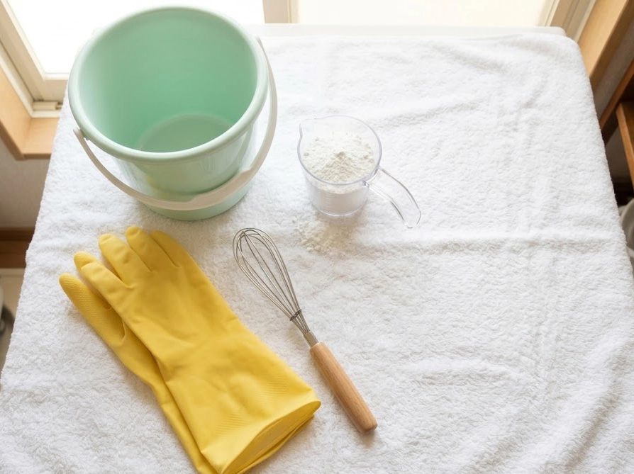 オキシクリーンでぬいぐるみを洗うために必要な道具一式を並べた俯瞰写真