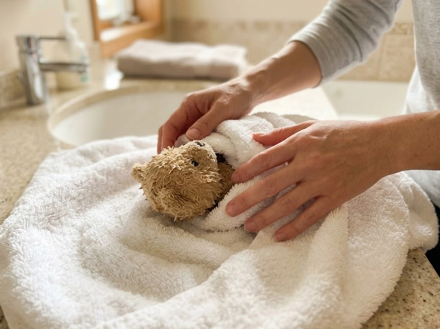 ぬいぐるみをバスタオルで包んで脱水する手元のクローズアップ写真