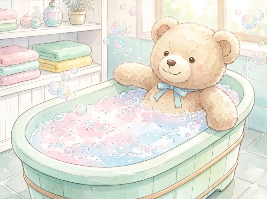 浴槽でオキシ漬けされている大きなクマのぬいぐるみのイラスト