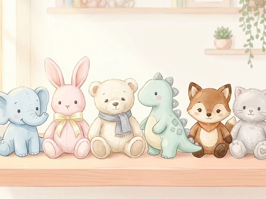 装飾の異なる複数のぬいぐるみが並んだ注意点解説用イラスト