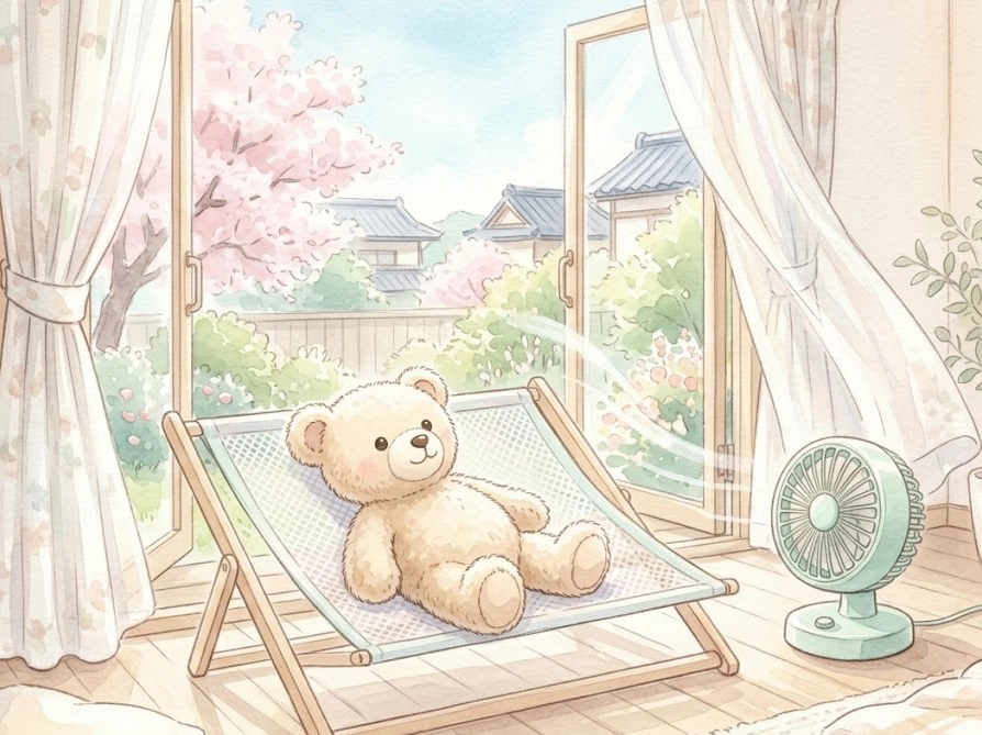 平干しネットの上で風通し良く乾燥させているぬいぐるみのイラスト