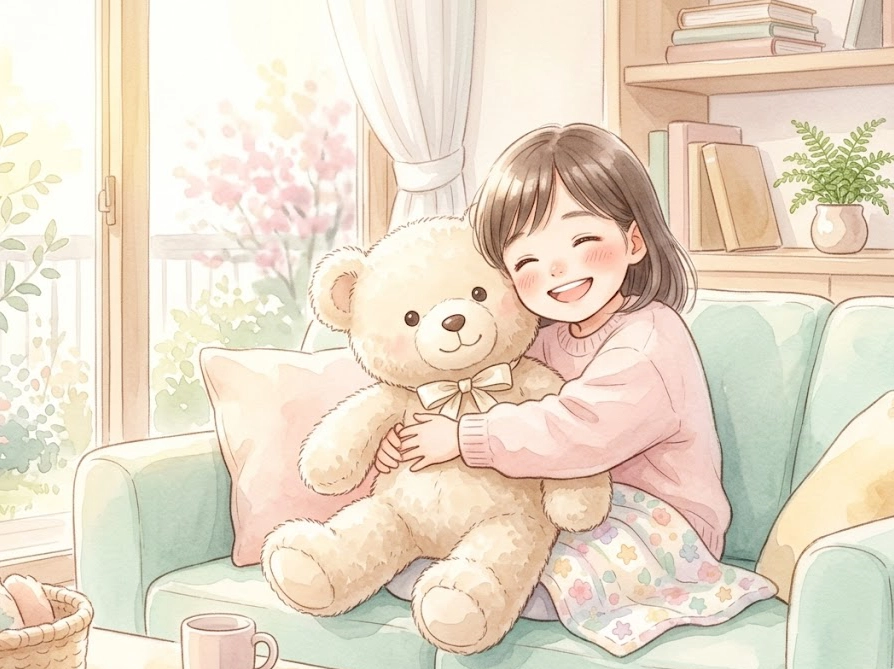 洗い上がったふわふわのぬいぐるみを抱きしめる笑顔の女の子のイラスト