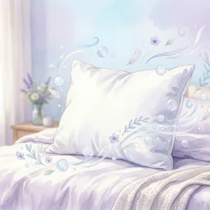 まくらぼの枕の洗い方をイメージしたふわふわの白い枕と清潔感のあるイラスト