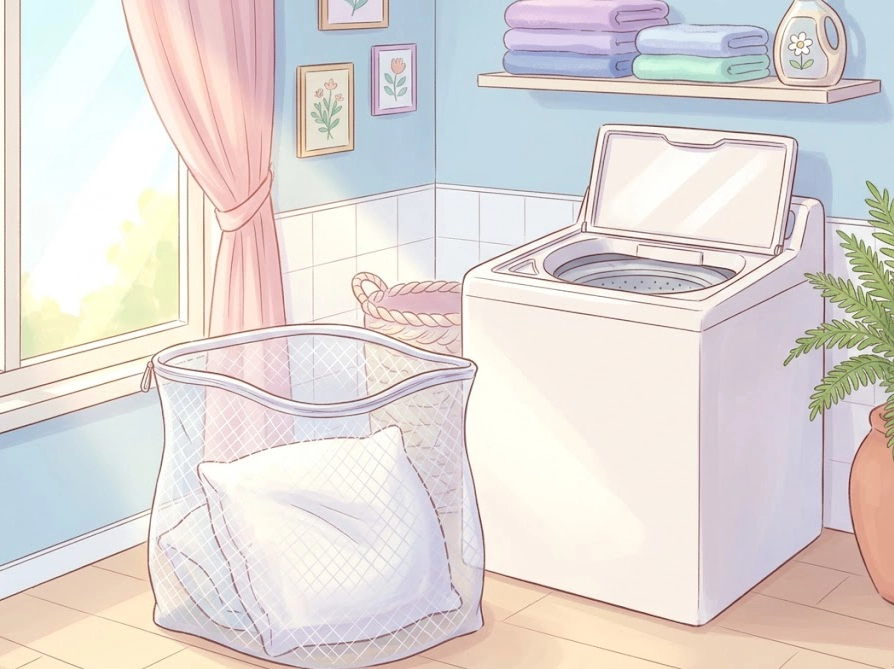 洗濯ネットに入れたまくらぼの枕と縦型洗濯機のイラスト