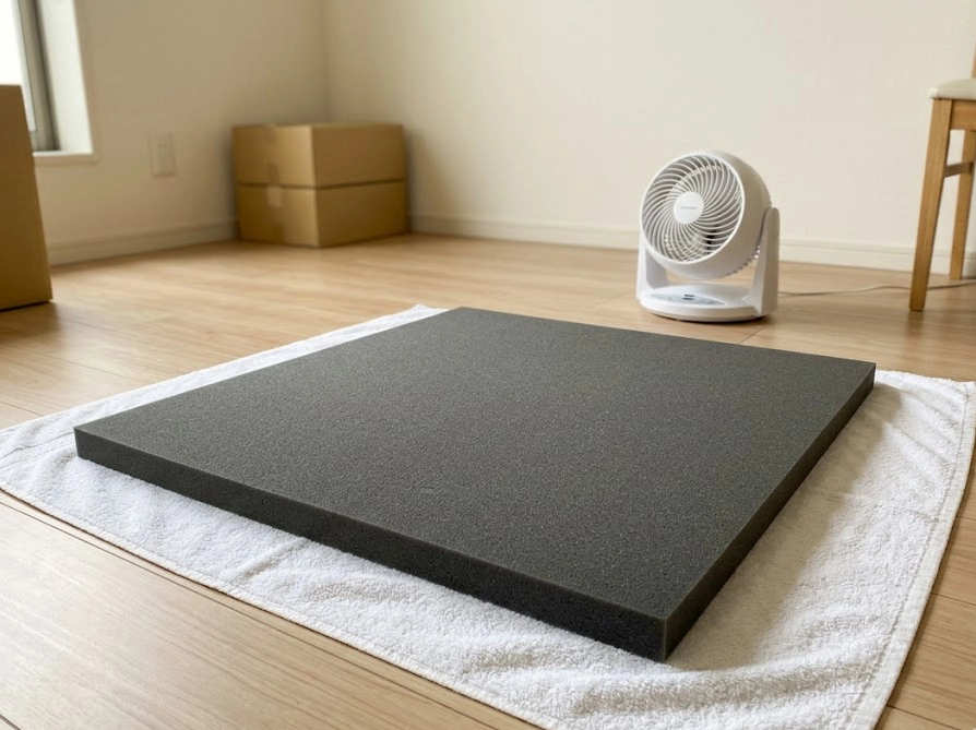 濡れてしまったウレタンベースをタオルと扇風機で乾燥させている写真