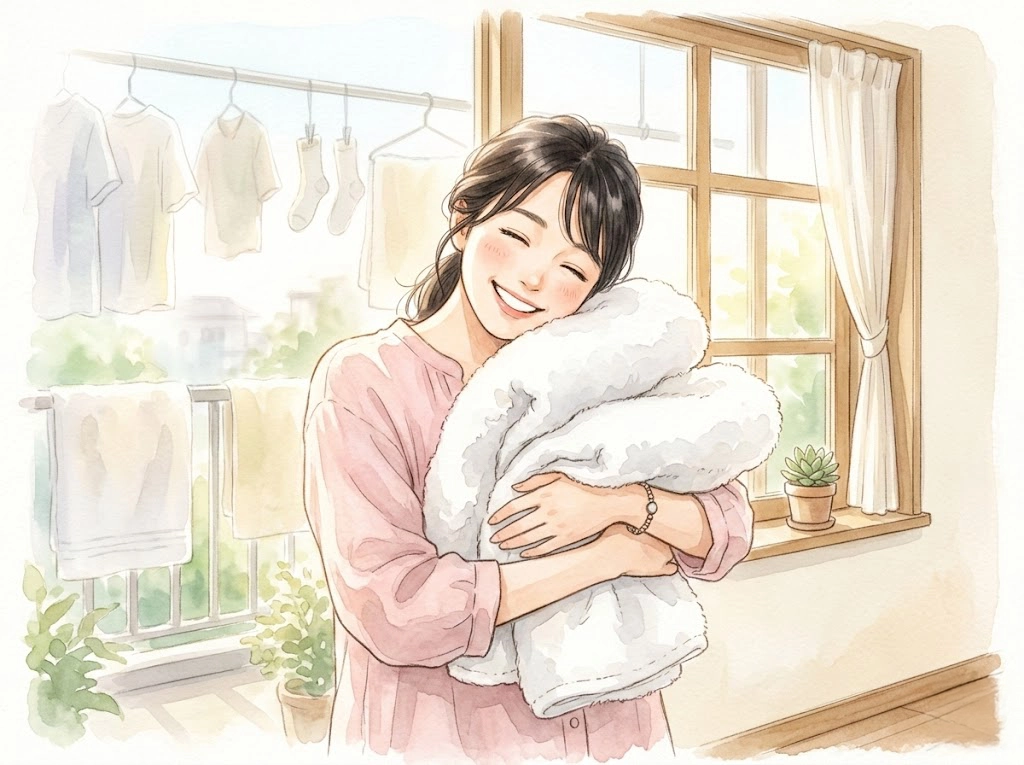 洗い立てのタオルを抱えて幸せそうに微笑む女性のイラスト｜アタックゼロ部屋干し用と柔軟剤の最強組み合わせ