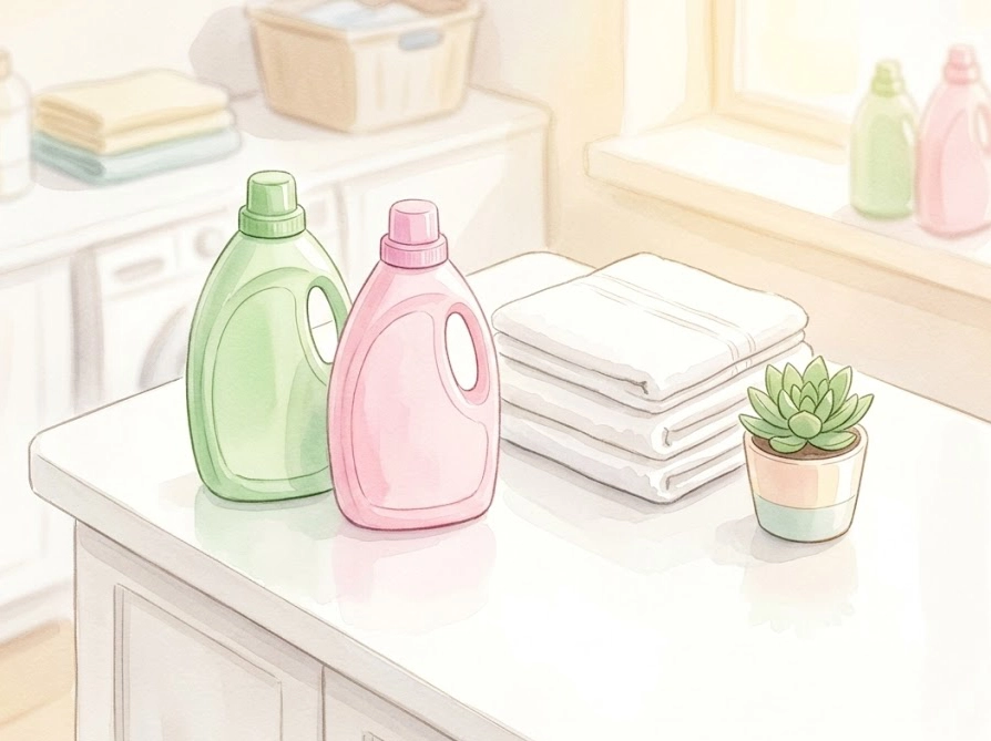 洗剤と柔軟剤のボトルが並ぶ清潔なランドリースペースのイラスト｜部屋干し用洗剤と柔軟剤の組み合わせイメージ