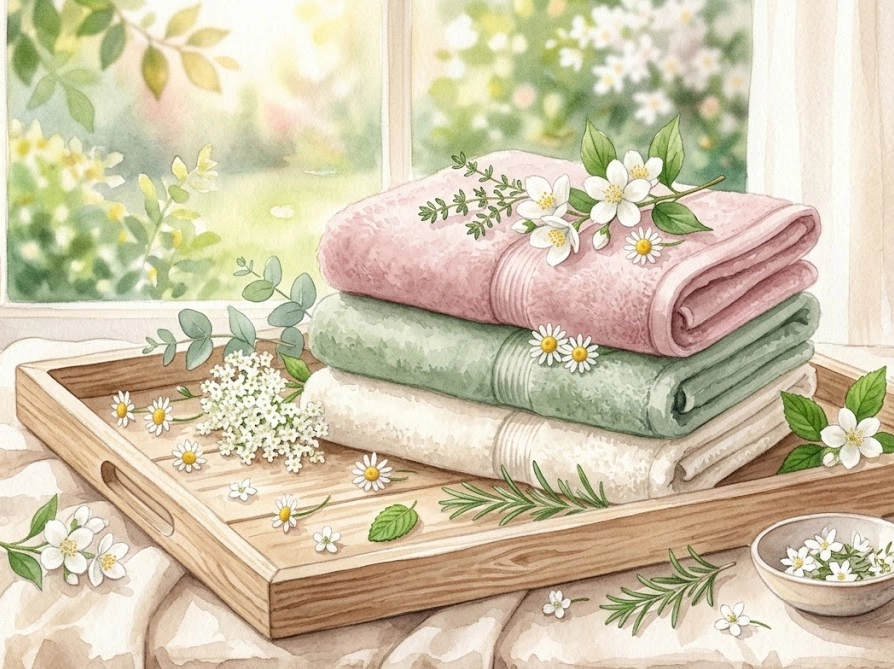 ハーブと白い花に囲まれた清潔なタオルのイラスト｜ソフラン プレミアム消臭ホワイトハーブとアタックゼロの相性イメージ
