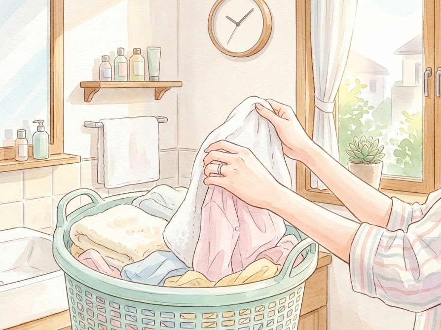 忙しい朝にランドリーバスケットから洗濯物を取り出す女性の手元イラスト｜ハミング消臭実感の日常使いイメージ