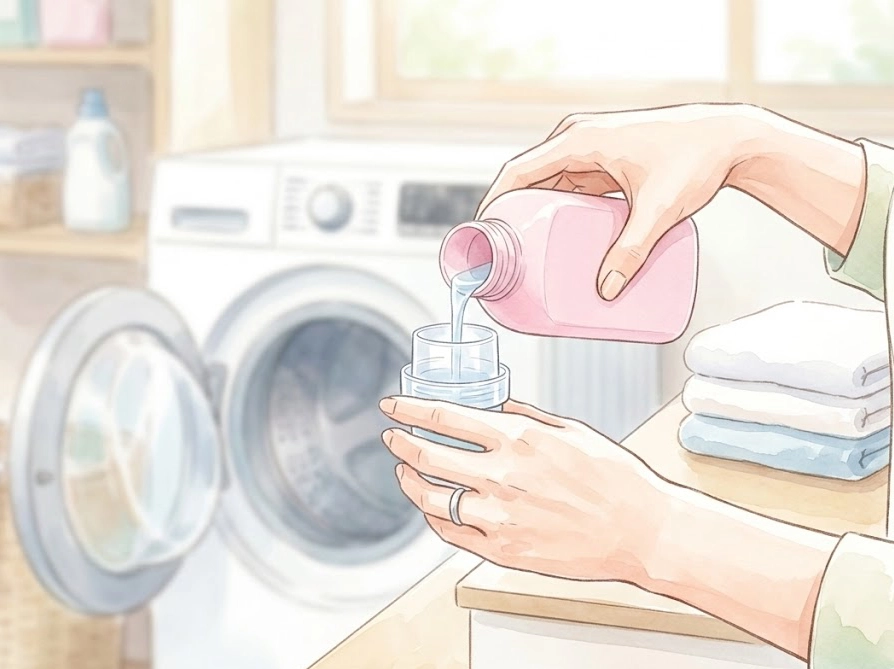 洗剤をキャップに丁寧に注ぐ手元のイラスト｜柔軟剤の適量投入のコツ