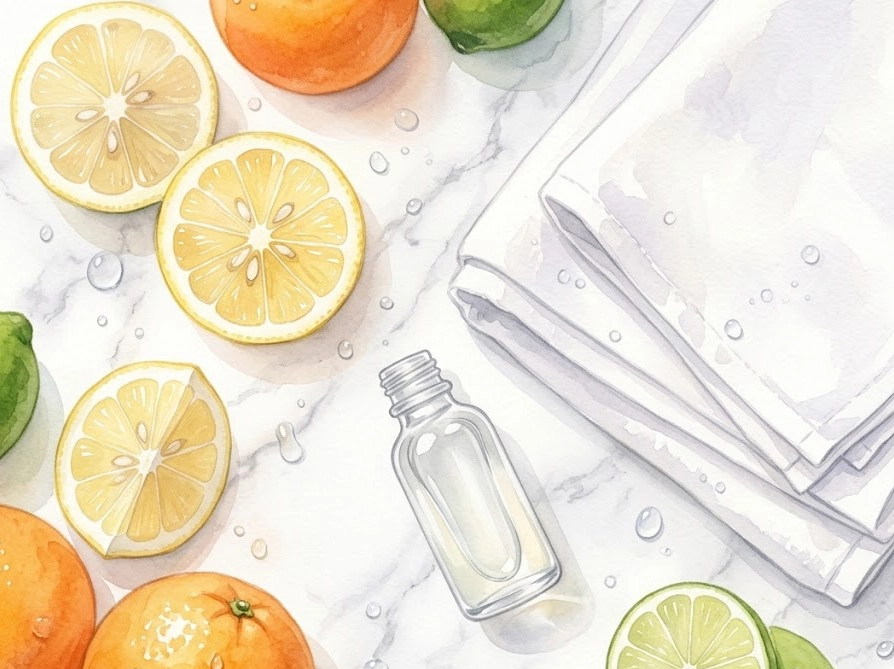 レモンとシトラスに囲まれた白いタオルの俯瞰イラスト｜レノアクエン酸とアタックゼロの相性イメージ
