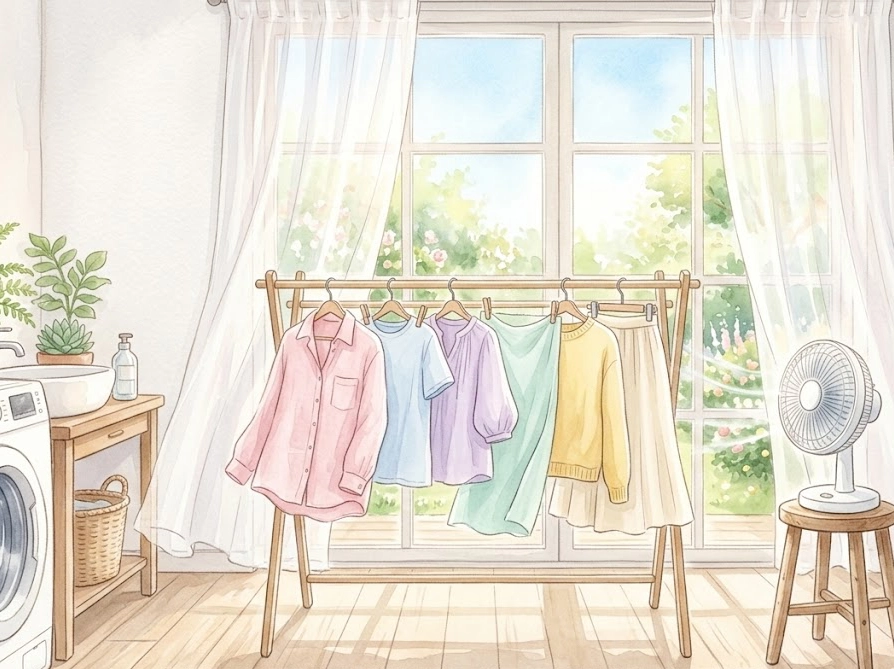 サーキュレーターの風で揺れる部屋干し洗濯物のイラスト｜洗濯機の設定と干し方で変わる柔軟剤の香り立ち