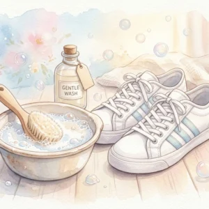 アディダススニーカーの中敷きの洗い方を表す洗浄アイテムと白いスニーカーの水彩イラスト