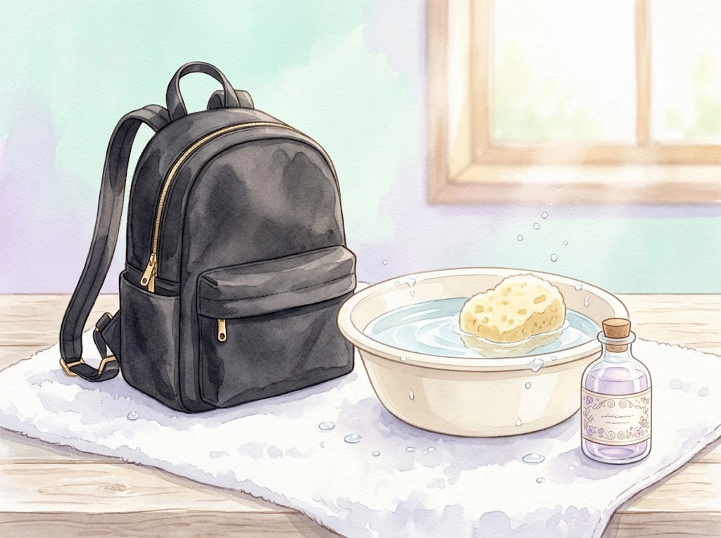 アークテリクスのリュックの洗い方を表す水彩風イラスト