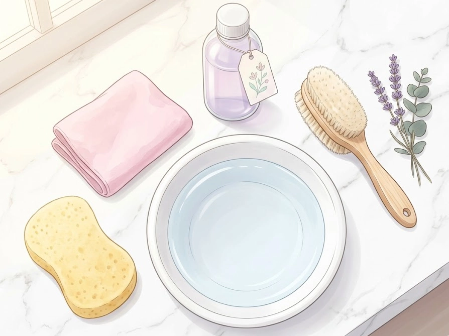 リュックの手洗いに必要な中性洗剤やスポンジなどのお手入れグッズ一式