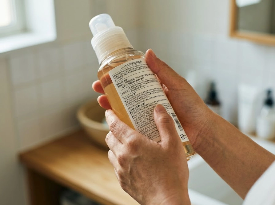 中性洗剤の成分表示を確認している手元の様子