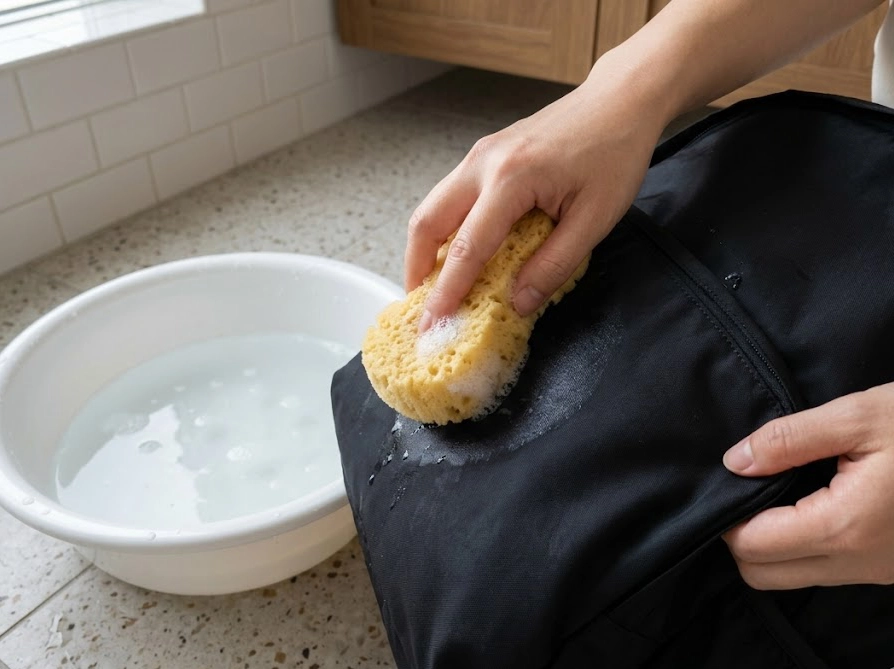 スポンジでリュックの表面を優しく部分洗いしている手元