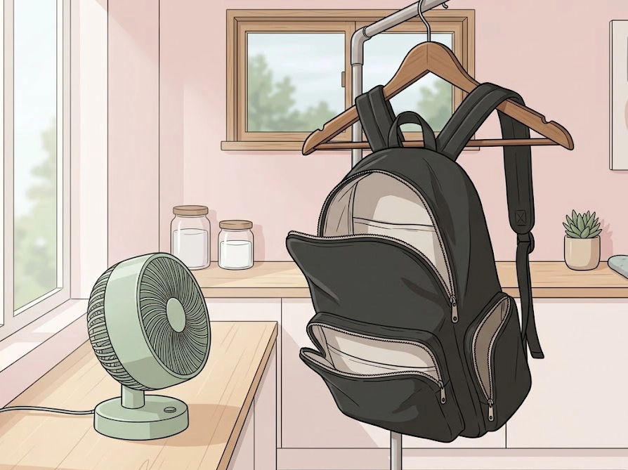 風通しの良い日陰でリュックを逆さまに吊るして陰干ししている様子