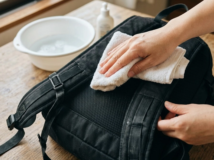 リュックの背面パッドの皮脂汚れをタオルで叩き出している手元