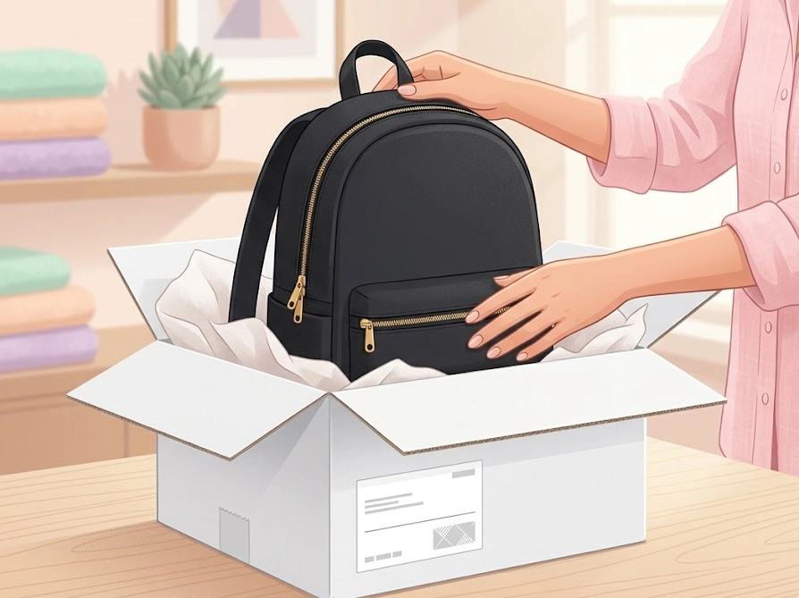 プロのクリーニング業者に宅配で依頼するためにリュックを梱包している様子