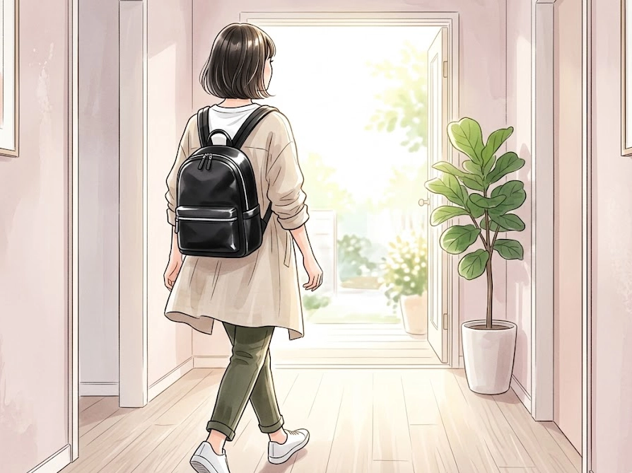 お手入れ後のきれいなリュックを背負ってお出かけする女性の後ろ姿