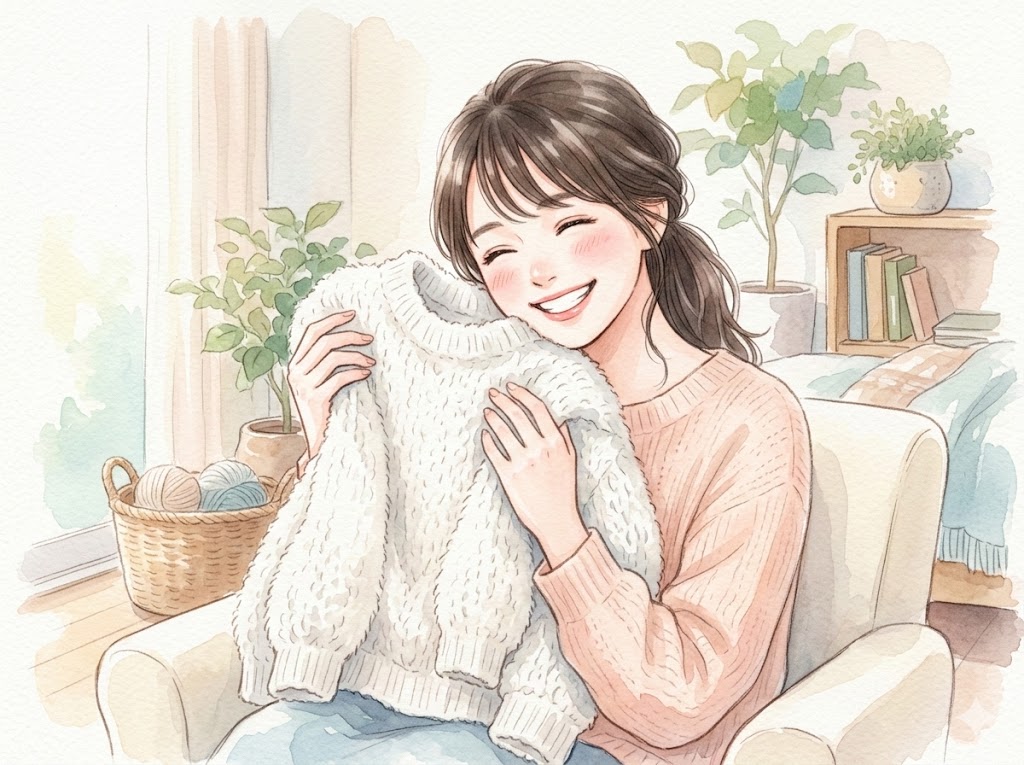 リンスで洗濯してふわふわになったウールのセーターを嬉しそうに抱きしめる日本人女性のイラスト