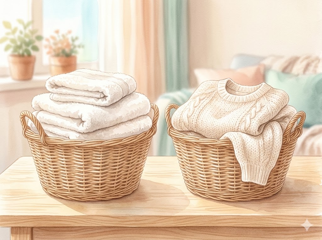 柔軟剤が適したタオルとリンスケアが適したウールセーターの比較イメージ