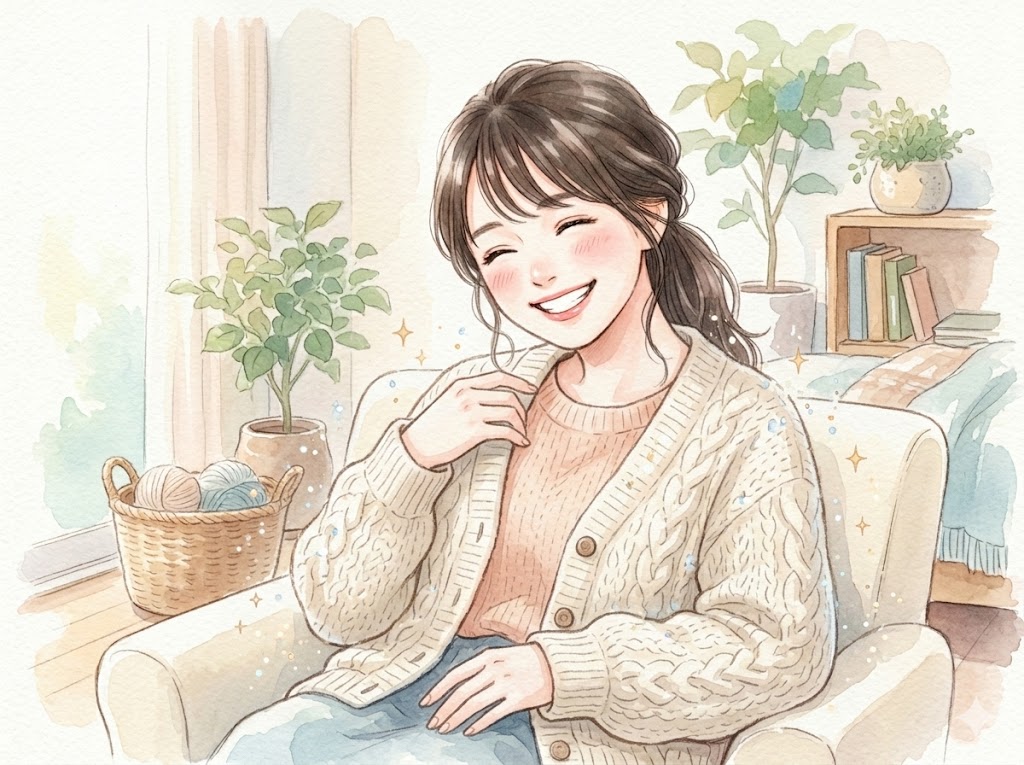 リンスの静電気防止効果で快適にウールのカーディガンを着用する女性のイラスト