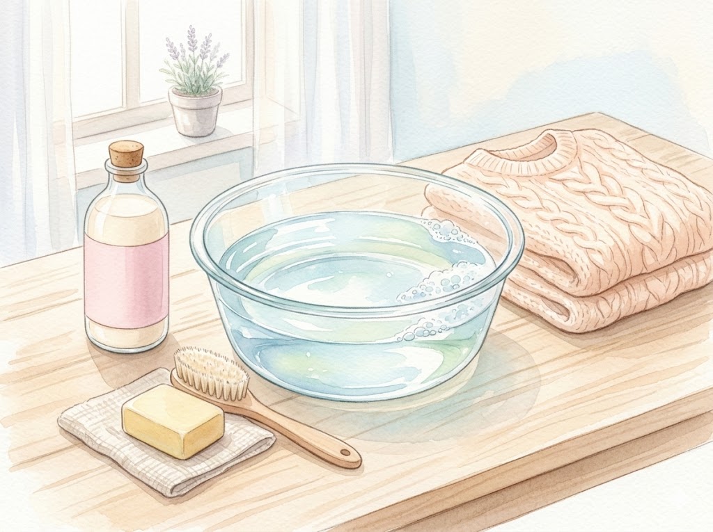 ウールの手洗いに必要な洗面器とリンスとセーターの準備イメージ