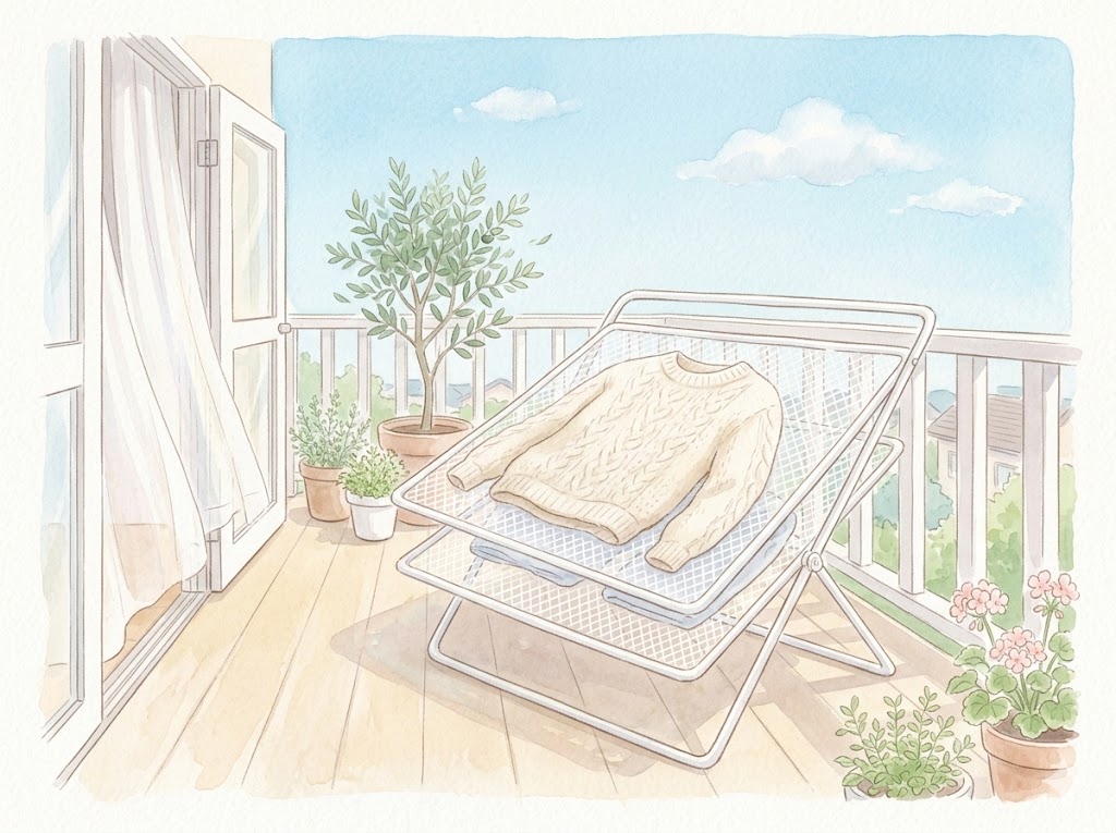 ベランダで平干しネットを使ってウールのセーターを陰干ししている様子